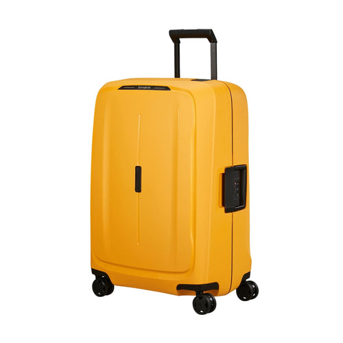Yellow Samsonite suitcase with black wheels and handle on a white background