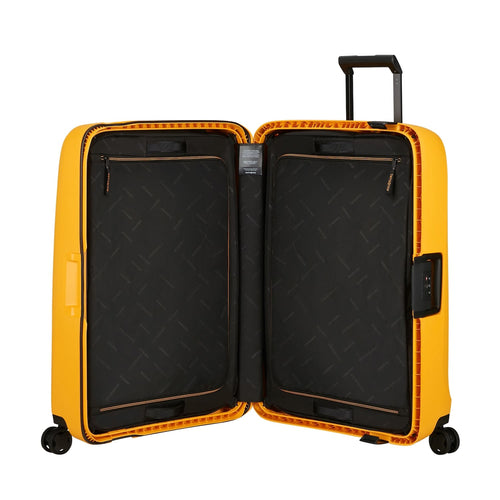 Yellow Samsonite suitcase on a white background