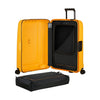 Yellow Samsonite suitcase with open lid showing black interior, accompanied by a black travel bag on a white background.
