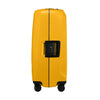 Yellow Samsonite suitcase with a black handle on a white background