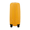 Yellow Samsonite suitcase with black wheels on a white background
