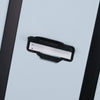 Close-up of a light blue Samsonite suitcase with a black accent.