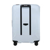 Light blue Samsonite suitcase with black handle and wheels on a white background
