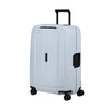 Light blue Samsonite suitcase with black wheels and handle on a white background