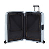 Open light blue Samsonite suitcase with black interior on a white background