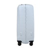 Light blue Samsonite suitcase with black wheels on a white background