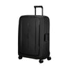 Black Samsonite suitcase with wheels on a white background