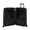 Black Samsonite suitcase with open lid on a white background