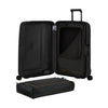 Black Samsonite suitcase with open lid and attached black travel bag on a white background