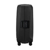 Black Samsonite suitcase with wheels on a white background
