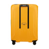 Yellow Samsonite suitcase with black handle on a white background