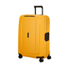 Yellow Samsonite suitcase with black wheels and handle on a white background