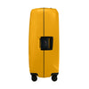 Yellow Samsonite suitcase with a black handle on a white background