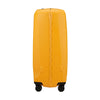 Yellow Samsonite suitcase with black wheels on a white background