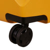 Close-up of a yellow suitcase with a black wheel on a white background