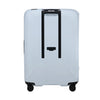 Light blue Samsonite suitcase with black handle and wheels on a white background