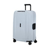Light blue Samsonite suitcase with black wheels and handles on a white background