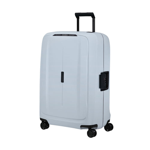 Light blue Samsonite suitcase with black wheels and handles on a white background
