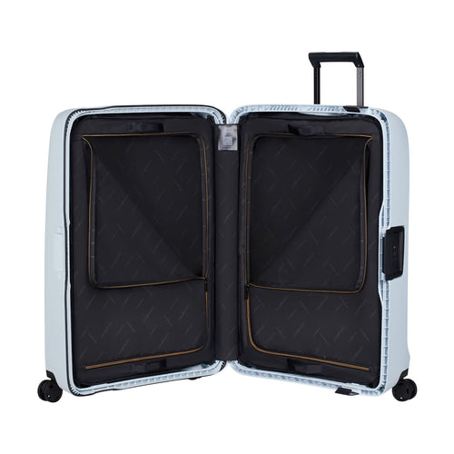 Open light blue Samsonite suitcase with black interior on a white background