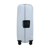 Light blue Samsonite suitcase with a black handle on a white background