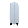 Light blue Samsonite suitcase with black wheels on a white background
