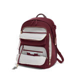 Maroon TUMI backpack with white interior on a white background