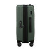Green Samsonite suitcase with a black handle on a white background
