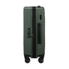 Green Samsonite suitcase with black handle and wheels on a white background