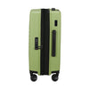 Green Samsonite suitcase with black handle and wheels on a white background