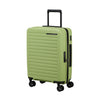 Green Samsonite suitcase with black handle and wheels on a white background
