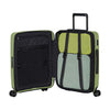 Green Samsonite suitcase with open compartment on a white background