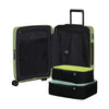 Green Samsonite  suitcase with open lid and two matching smaller bags on a white background