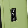 Green Samsonite suitcase with a custom label