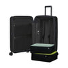 Black Samsonite suitcase with open compartment showing green interior on a white background