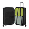 Black Samsonite suitcase with green and gray interior compartments on a white background