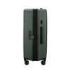 Green Samsonite suitcase with black handle and wheels on a white background