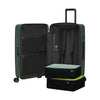 Green Samsonite suitcase with open lid showing interior and a smaller green packing cube inside.
