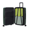 Green Samsonite suitcase with open lid showing green and gray packing cubes inside.