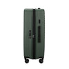 Green Samsonite suitcase with black handle and wheels on a white background