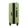 Green Samsonite suitcase with black handle and wheels on a white background