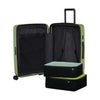 Green Samsonite suitcase with open lid and black interior on a white background