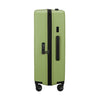 Green Samsonite suitcase with a black handle and wheels on a white background