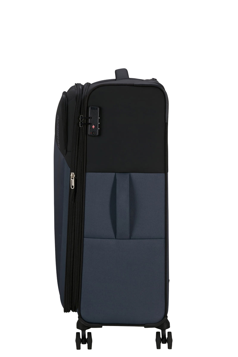 side of black/grey American Tourister Daring Dash spinner large expandable