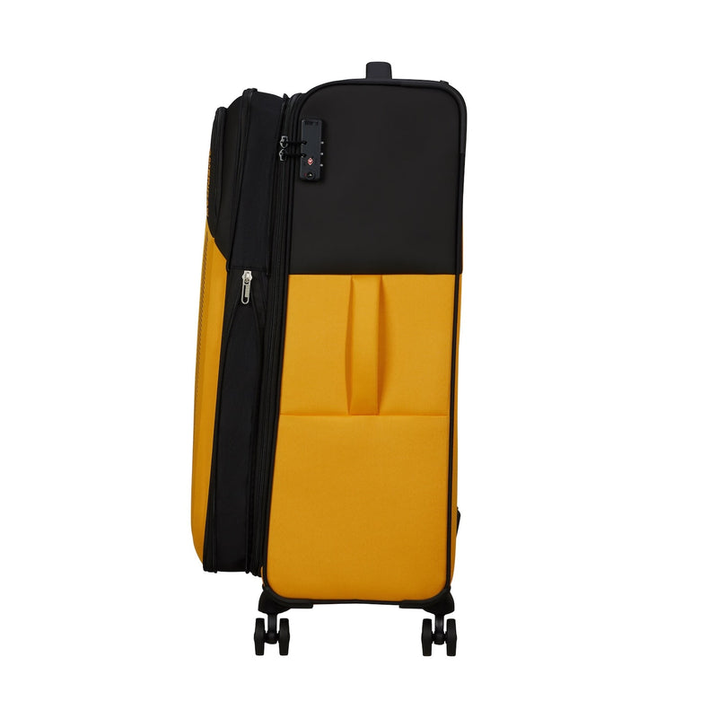 expanded black/yellow American Tourister Daring Dash spinner large expandable