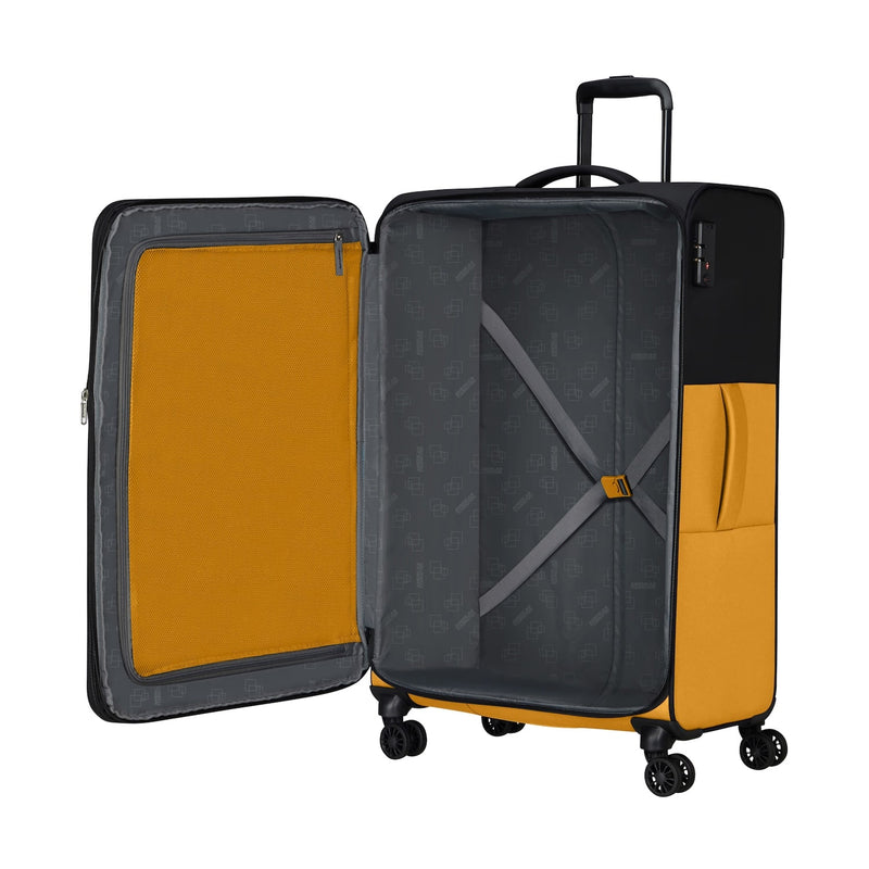 inside of black/yellow American Tourister Daring Dash spinner large expandable