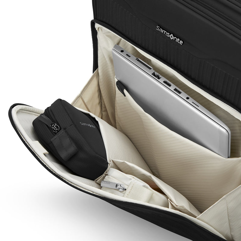 front pocket of black Samsonite Silhouette 18 Spinner Carry-On