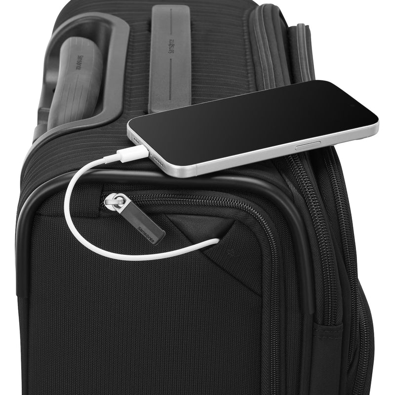 USB pass through of black Samsonite Silhouette 18 Spinner Carry-On