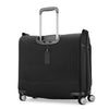 Black Samsonite suitcase with wheels and a handle on a white background