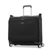 Black Samsonite suitcase with wheels and handle on a white background