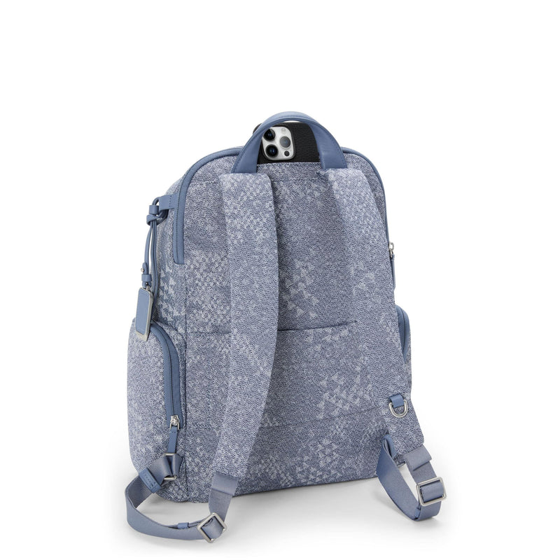 back of denim blue TUMI Voyageur Celina Backpack